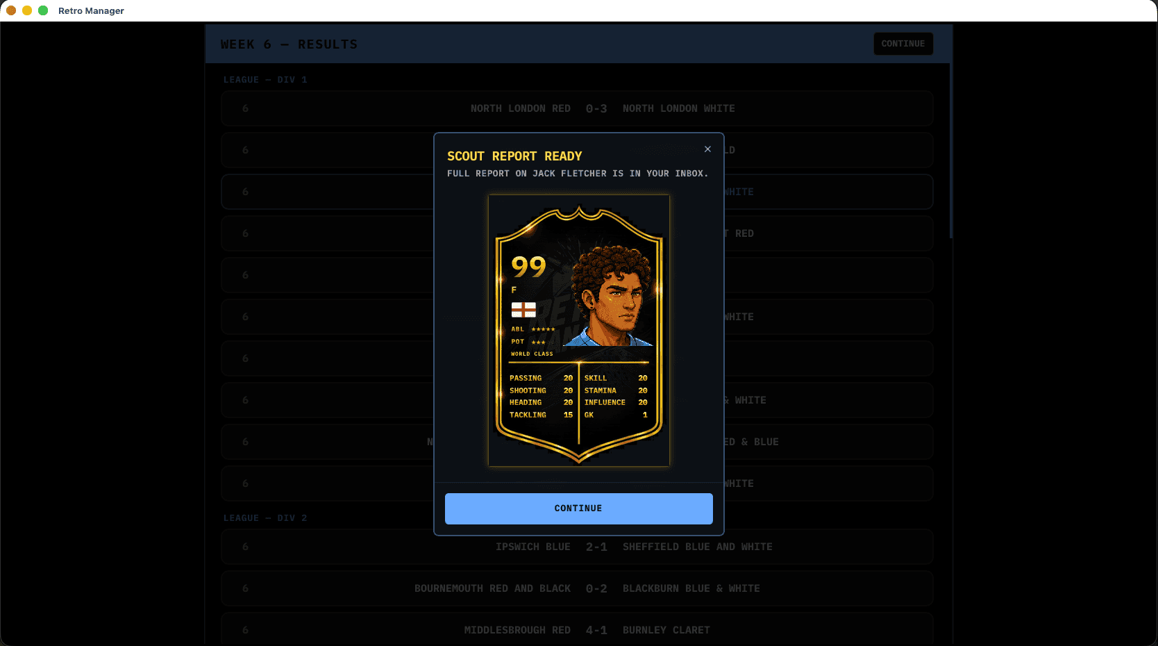 Scout report ready moment with player card and full attribute reveal