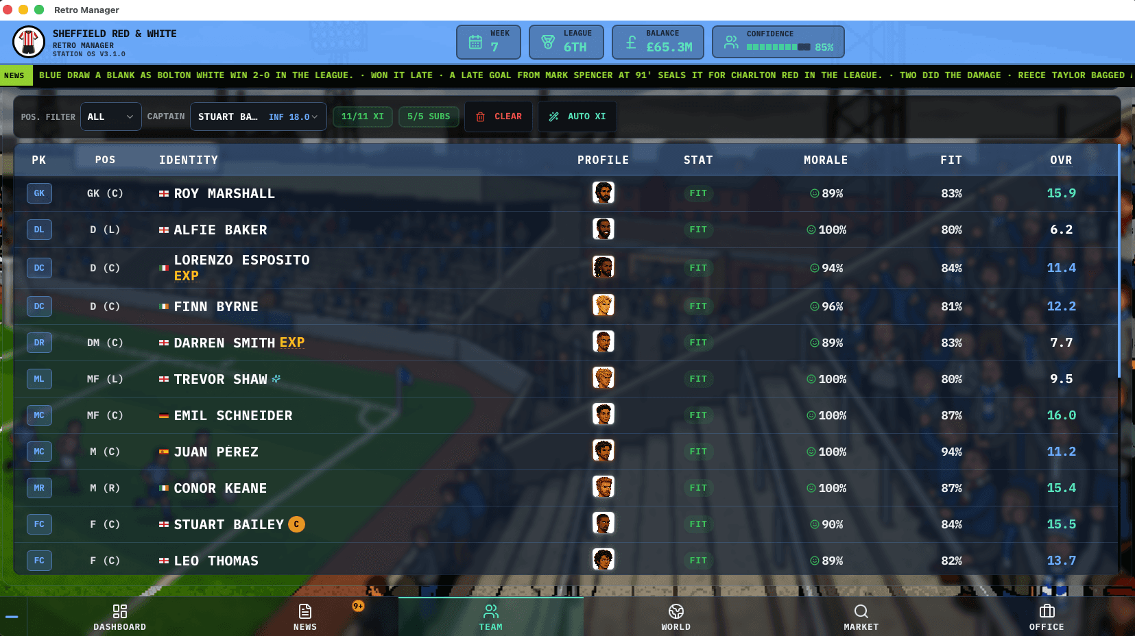 Squad selection screen with player fitness and overall ratings