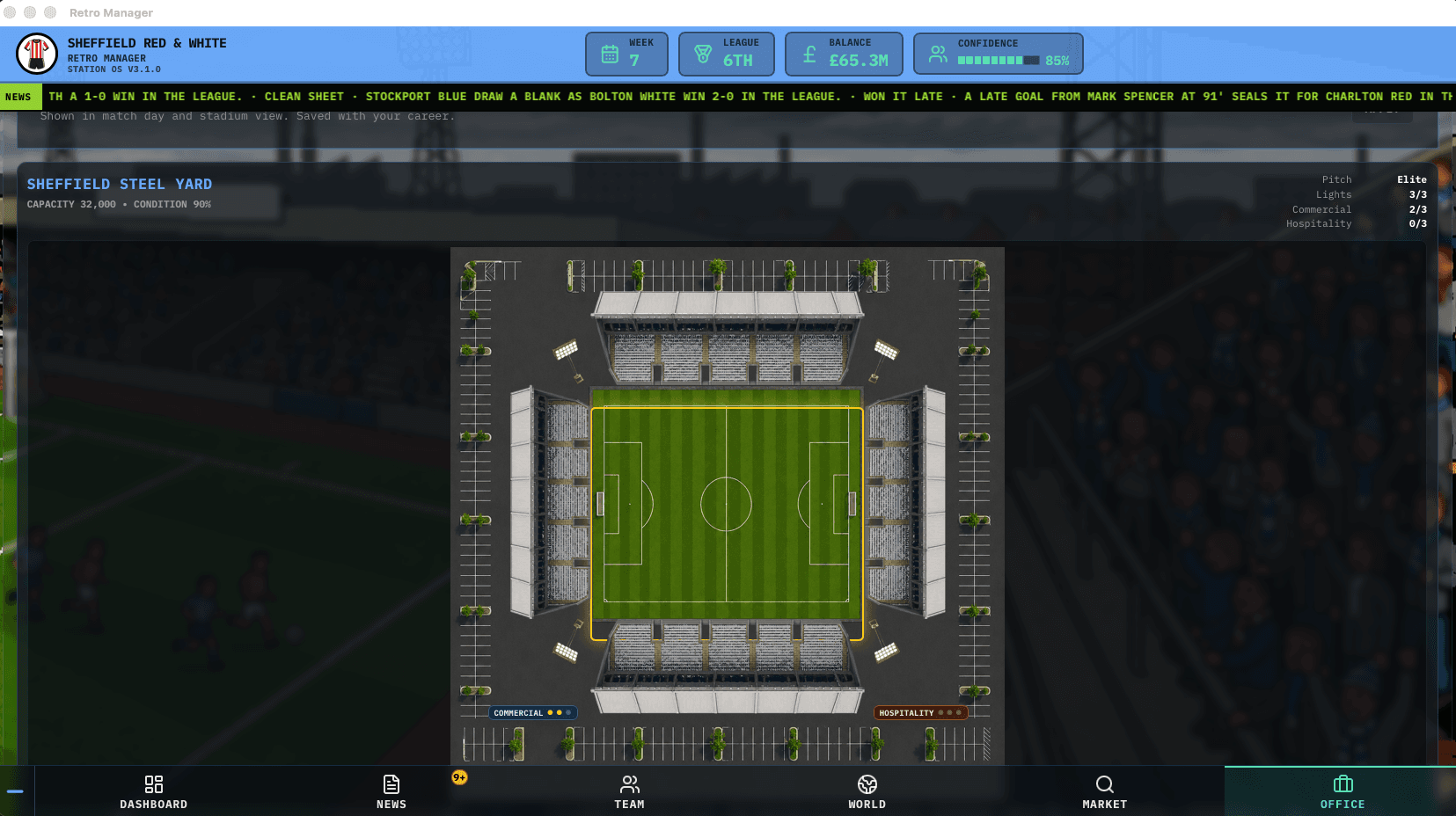 Stadium campus screen with layered stand art and pitch