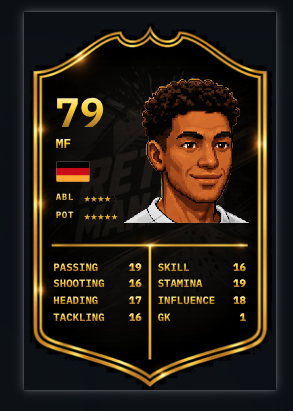 Gold-tier player card with overall rating and attribute breakdown
